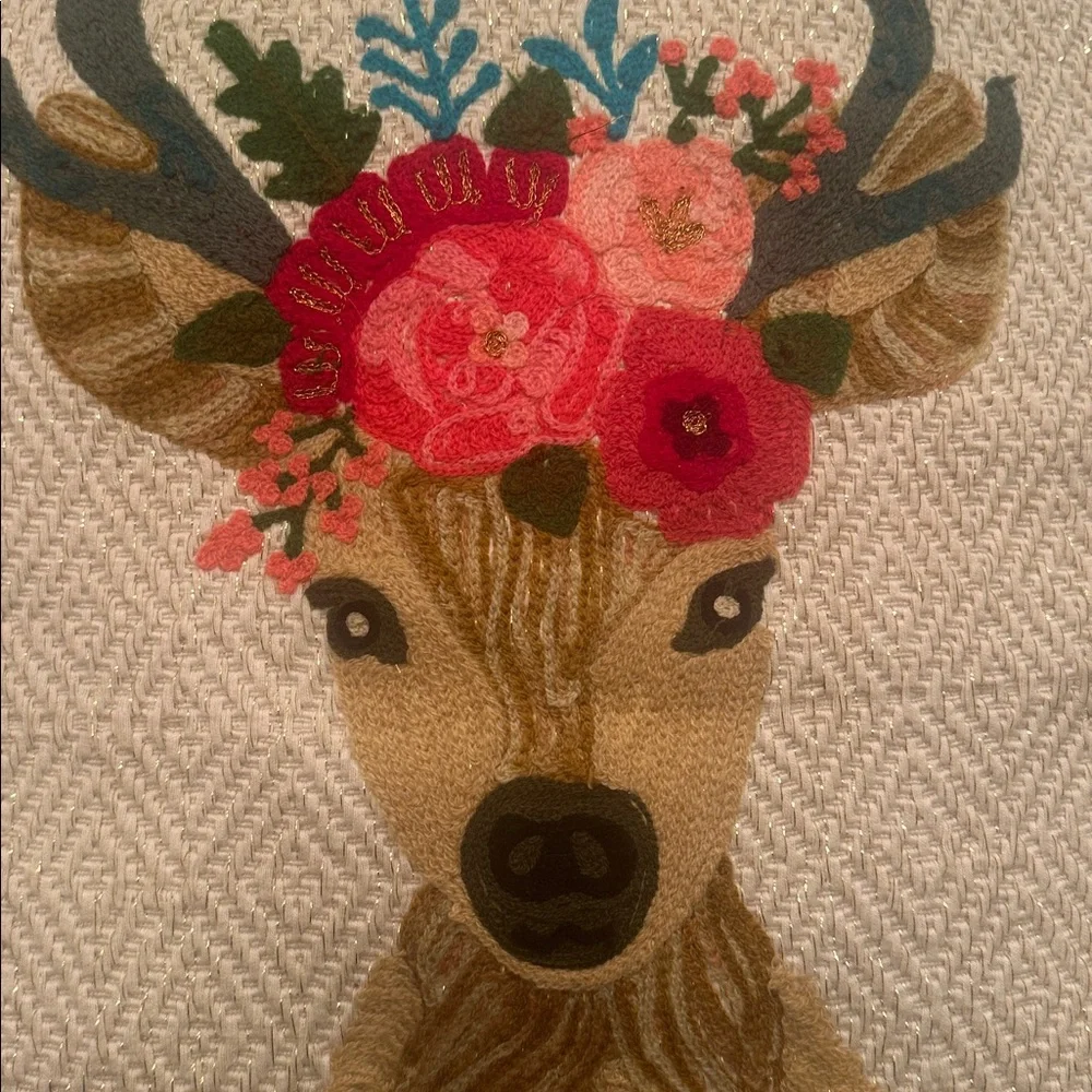 Floral Deer Pillow with Pom-Poms NWOT 18x18” Decor